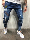 Mens Hip-Hop Ripped Badge Skinny Denim Pants