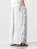 Linen Cotton Elastic Waistband Drawstring Pleated Detailing Crane Print Full Length Pants