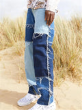 Fashionable Street Style Frayed Patchwork Denim Straight Skate Jeans