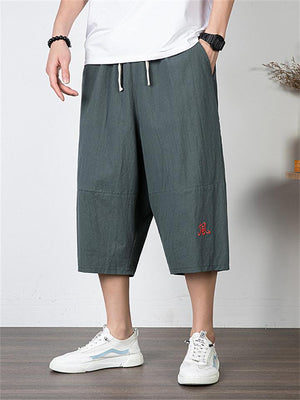 Men's Simple Style Casual Loose Large Size Retro Embroidered Cropped Pants