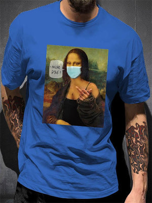 Creative Mona Lisa With A Mask Printed Crew Neck T-Shirt