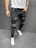 Patchwork Print Personality Elastane Distressed Denim Pants