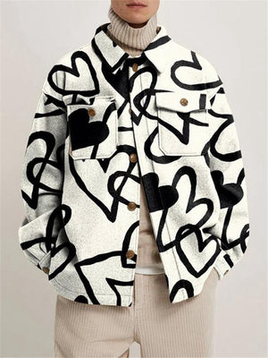 Comfortable Warm Chest Pocket Graphic Print Long Sleeve Button Jacket Coat