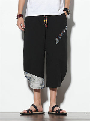 Mens Loose Casual Linen Print Cropped Trousers