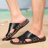 Men Casual Comfy Genuine Leather Peep-Toe Beach Slippers