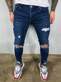 Men Knee Ripped Cut Out Slant Pockets Wash Jeans