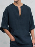 Loose Fit Notched Neckline Soft Linen Long Sleeve Solid Color Pullover Shirt