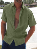 Men's Fashion Lapel Solid Color Short Sleeve Linen Shirts