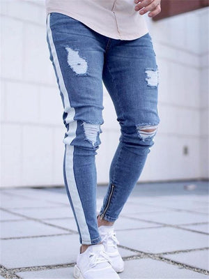 Trendy Tapered Fit Contrasting Ripped Front Zip Metal Button Jeans