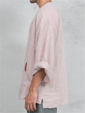 Loose Fit Notched Neckline Soft Linen Long Sleeve Solid Color Pullover Shirt