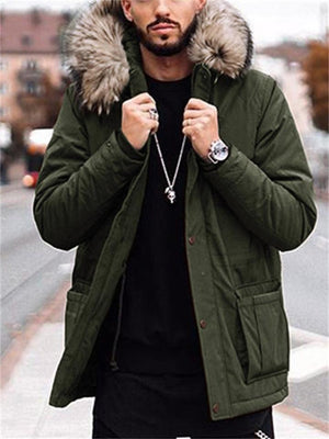 Mens Comfy Parka Padded-Cotton Coat With Fur Hood