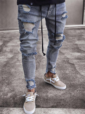 Stylish Slim Fit Knee Holes Blue Ankle Denim Pants For Men