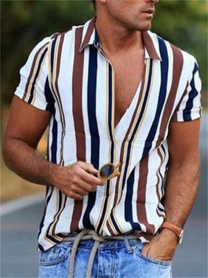 Casual Striped Short-Sleeved Lapel Shirt