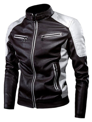 Fashion Retro Contrast Color Style Stand Collar Leather Jacket